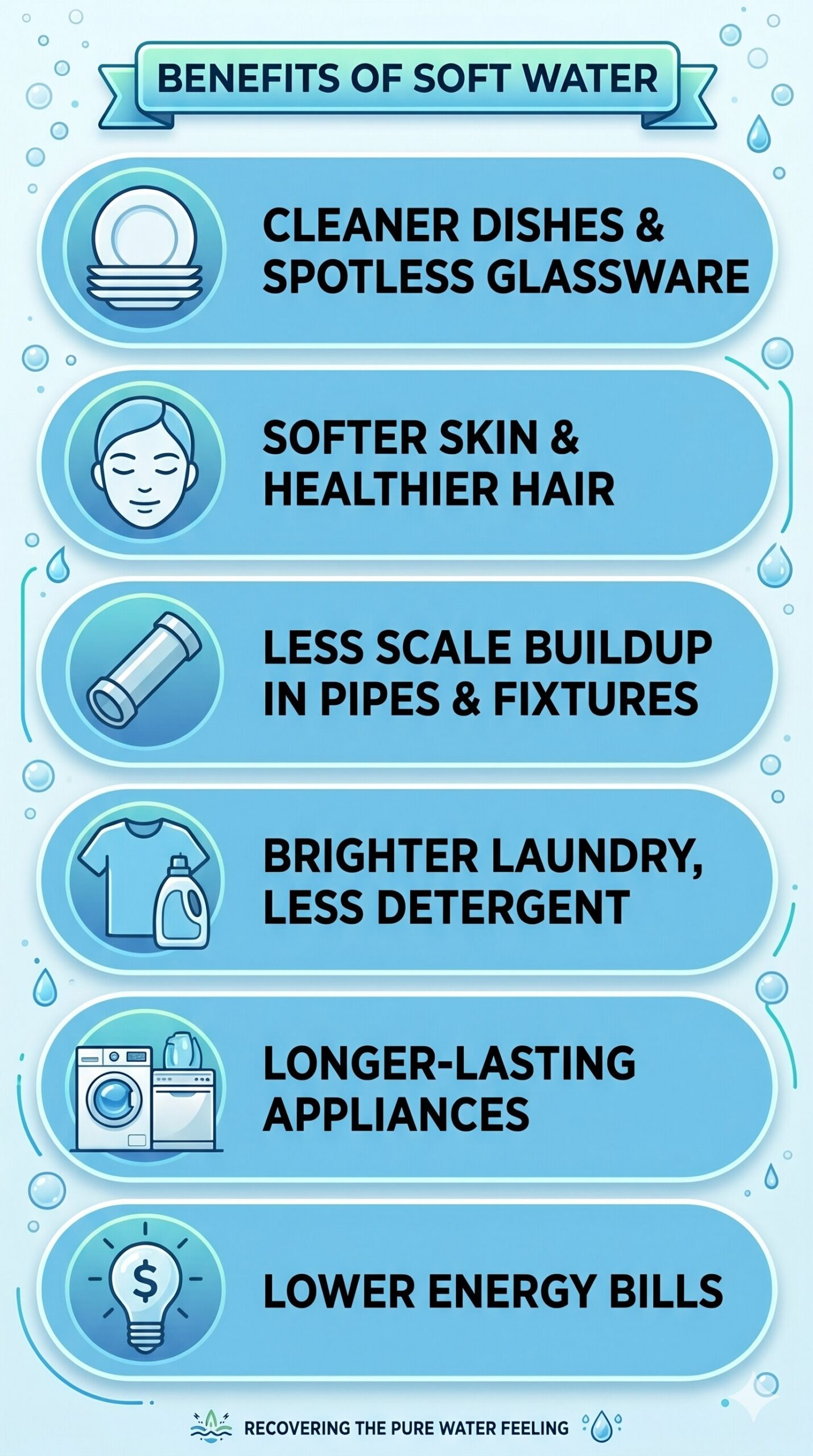 AI Generated image featuring the benefits of soft water - cleaner dishes, softer skin, less scale buildup, etc.