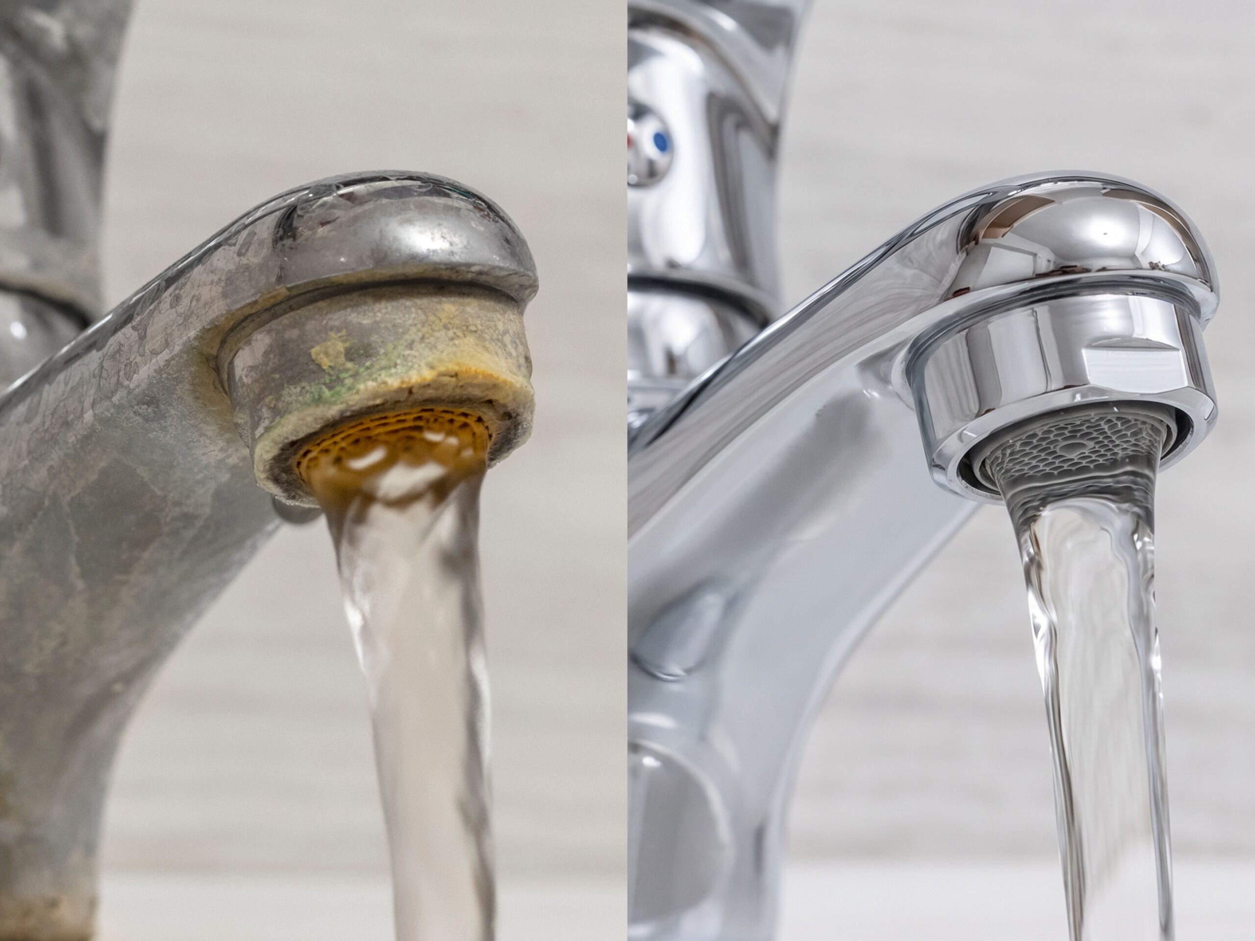 Before-and-after generated photo of what a sink could look like after water softening